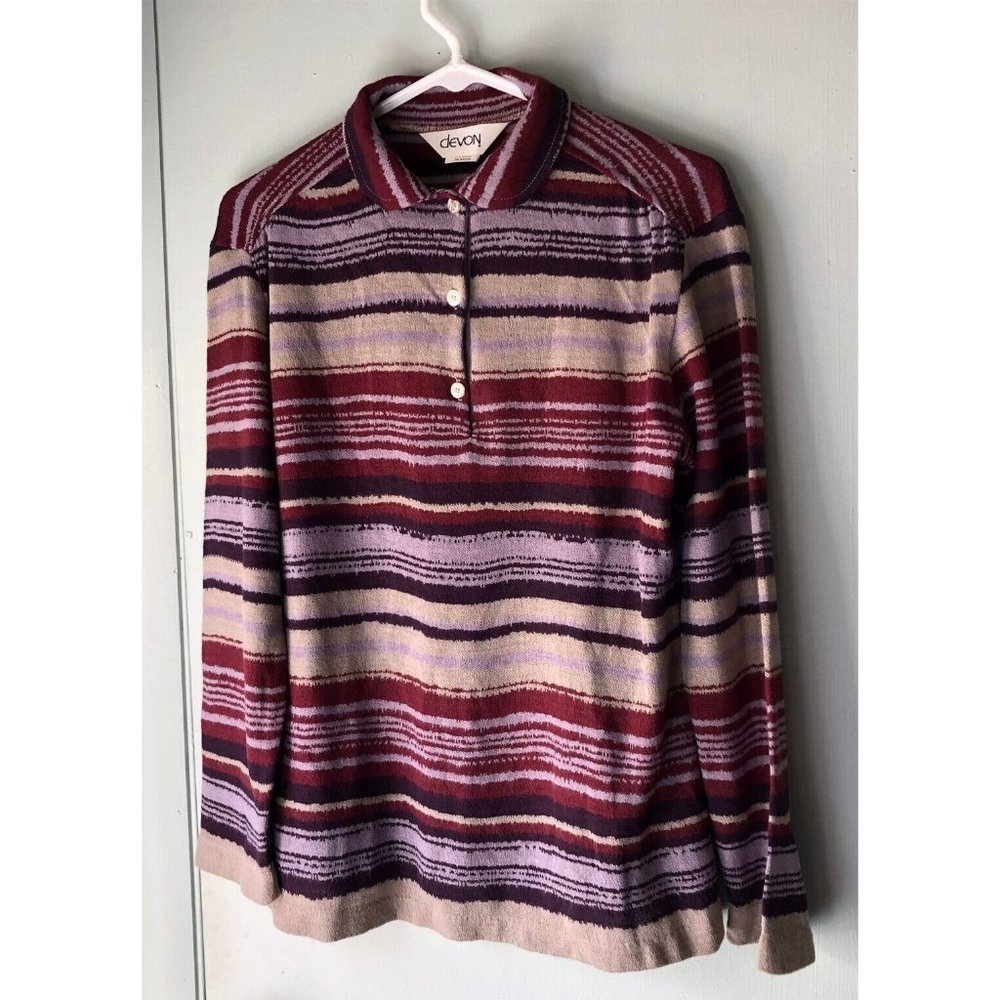 Vintage Devon french terry pullover top striped Union made in USA button collar